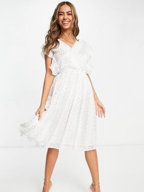 NWT Anthro RAGA White Textured V-Neck Midi Dress with Ruffle Sleeves